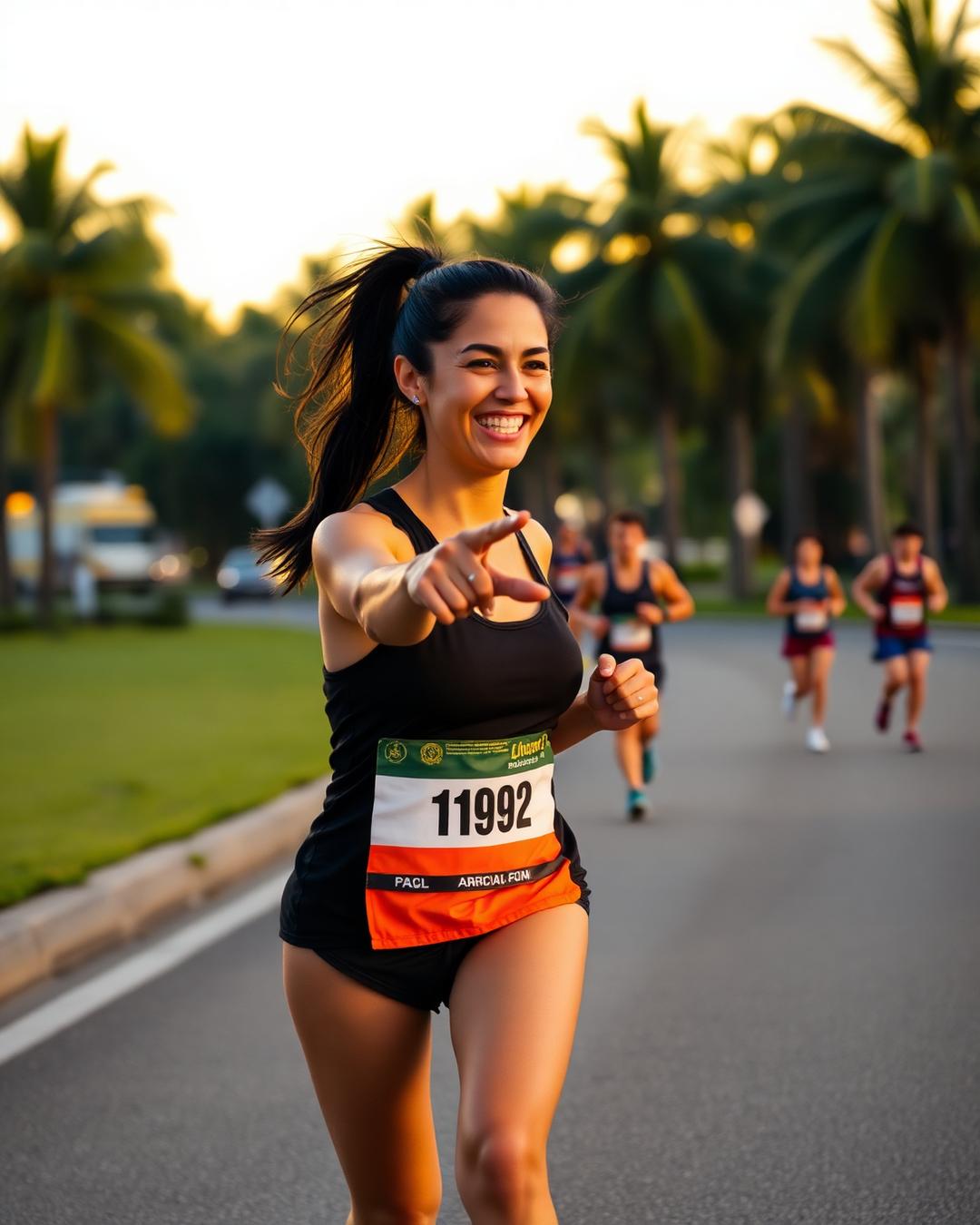 Corredora apontando para a câmera durante uma corrida ao pôr do sol